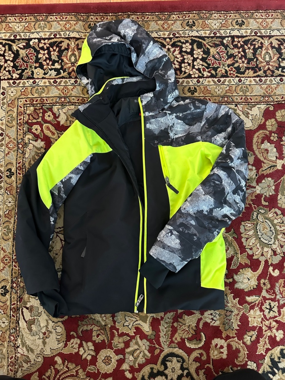 Spider Neon Yellow & Black Hooded Ski Jacket with Gray Camo Accents